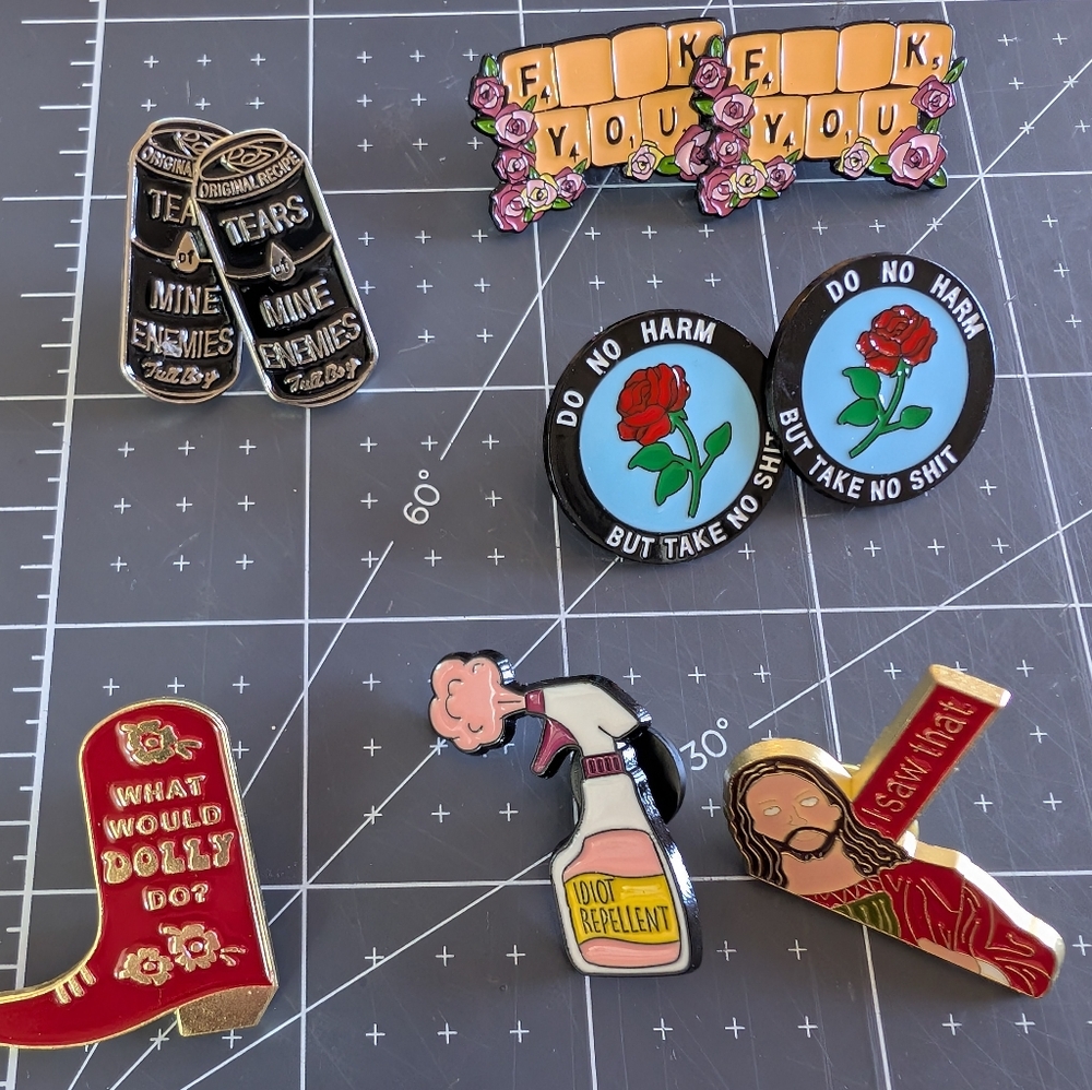 Funny Enamel Broach Pins - 9 Pins & 1 Carry Pouch